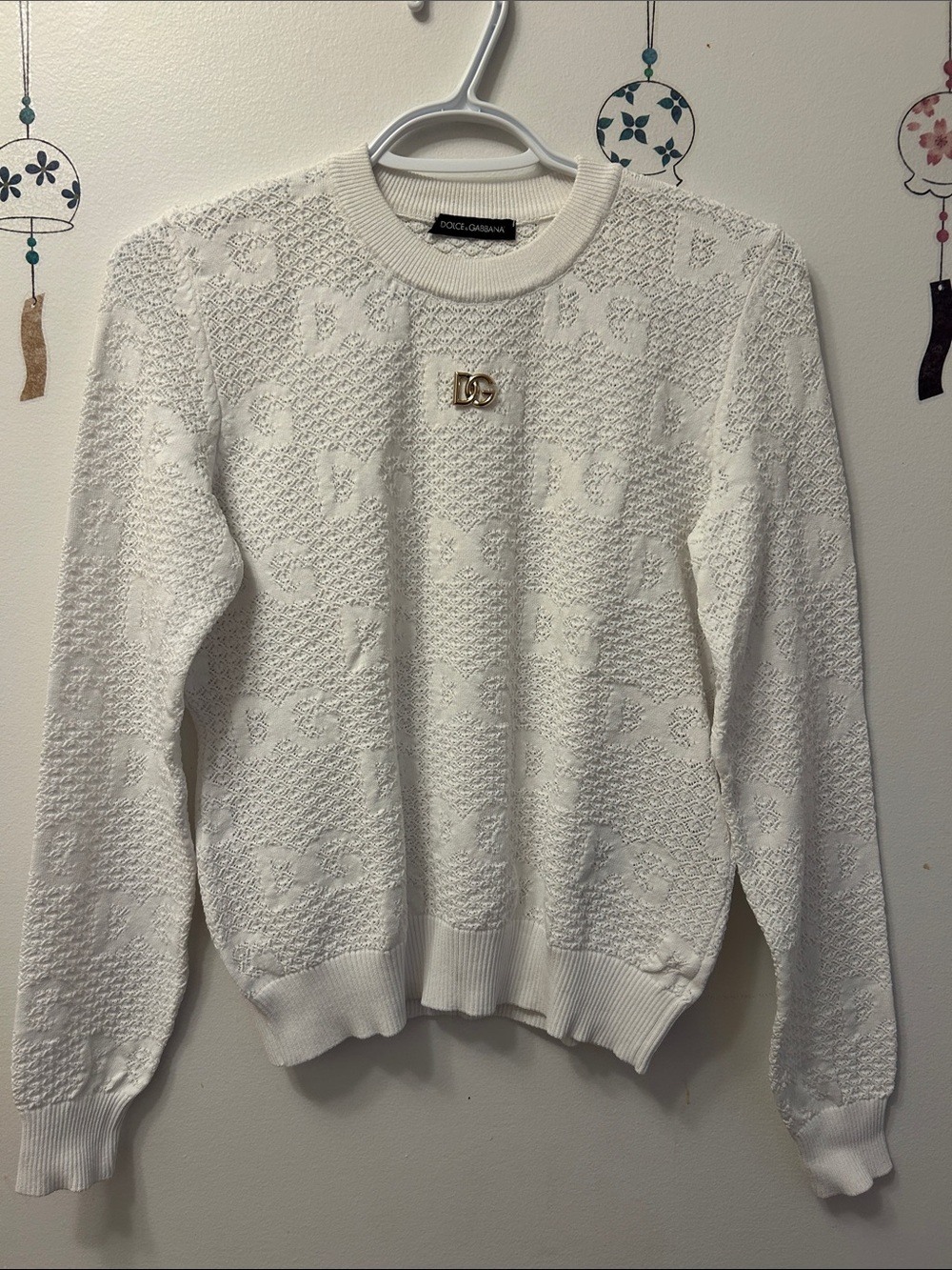 Dolce & Gabbana Cream Textured Crewneck Sweater with Gold DG Logo